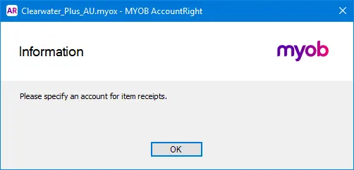 Message about specifying an account for item receipts