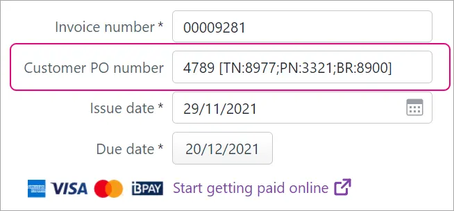 Customer PO number with reference numbers