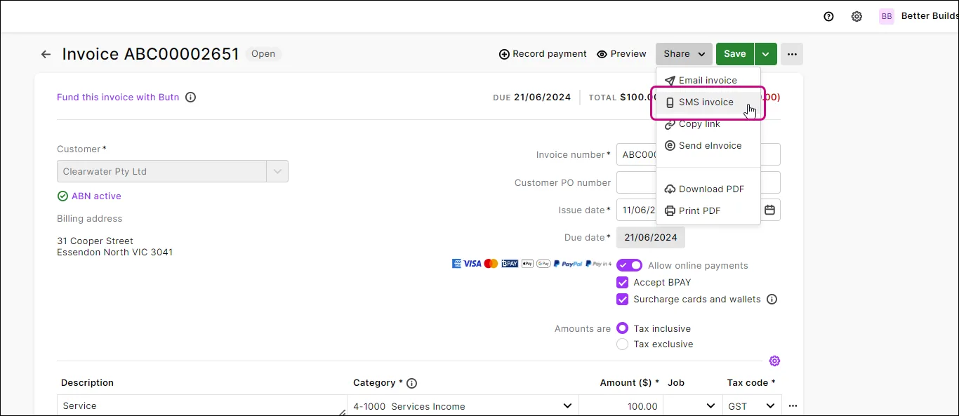 From the Share menu, choose SMS invoice