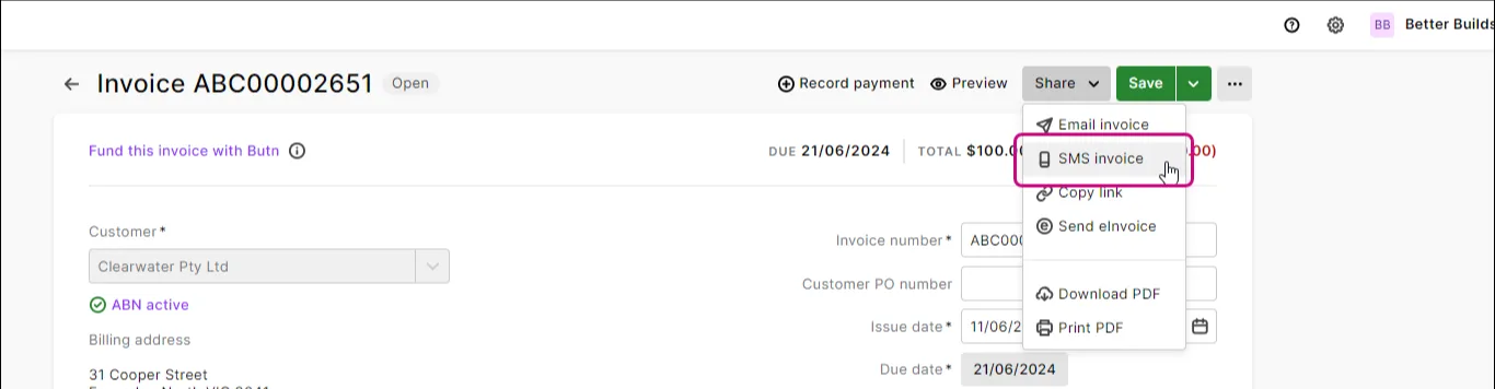 From the Share menu, choose SMS invoice