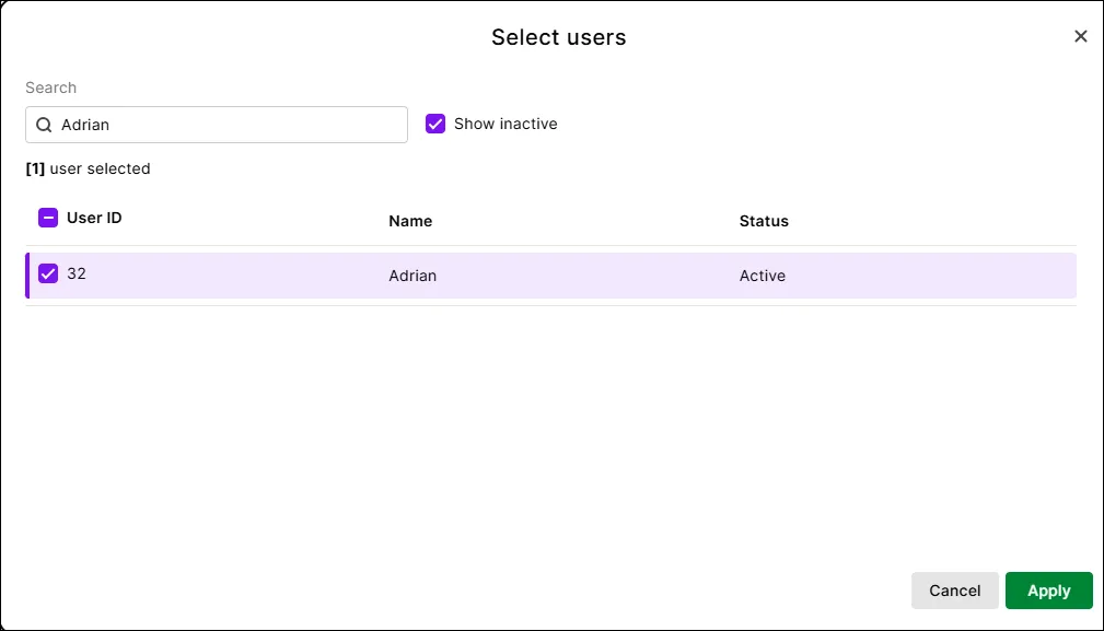 Using the report options to filter the Journal security report by user