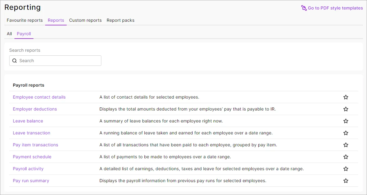 List of payroll reports on the reporting menu