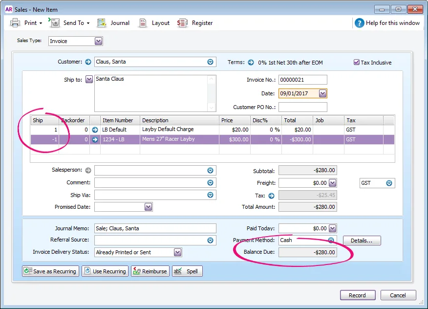 Example customer credit with ship and balance due fields highlighted