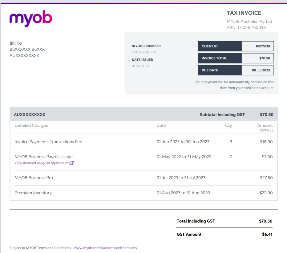 Example of an invoice from MYOB with Premium features
