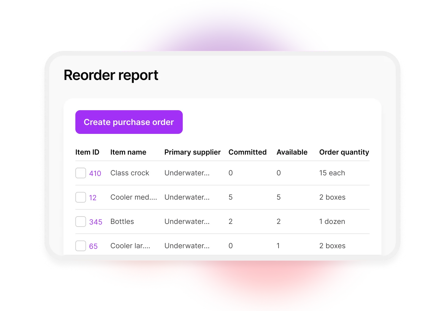 The reorder report option in MYOB Business AccountRight Premier includes a table with the following details: item id, item name, primary supplier, committed number of items, available number of items and the proposed amount required in your next order. There is a button to click to create the purchase order for your supplier.