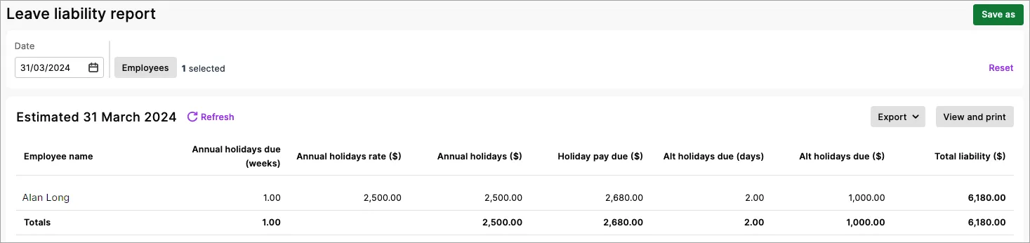 Example leave liability report