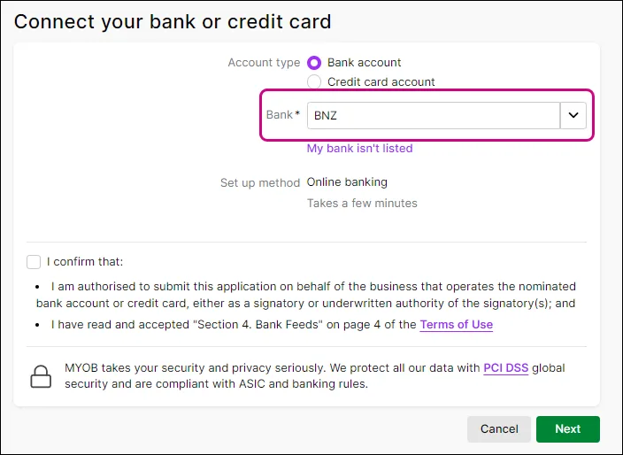 Connecting a BNZ account to MYOB