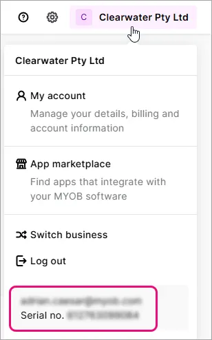 Example serial number in MYOB Business