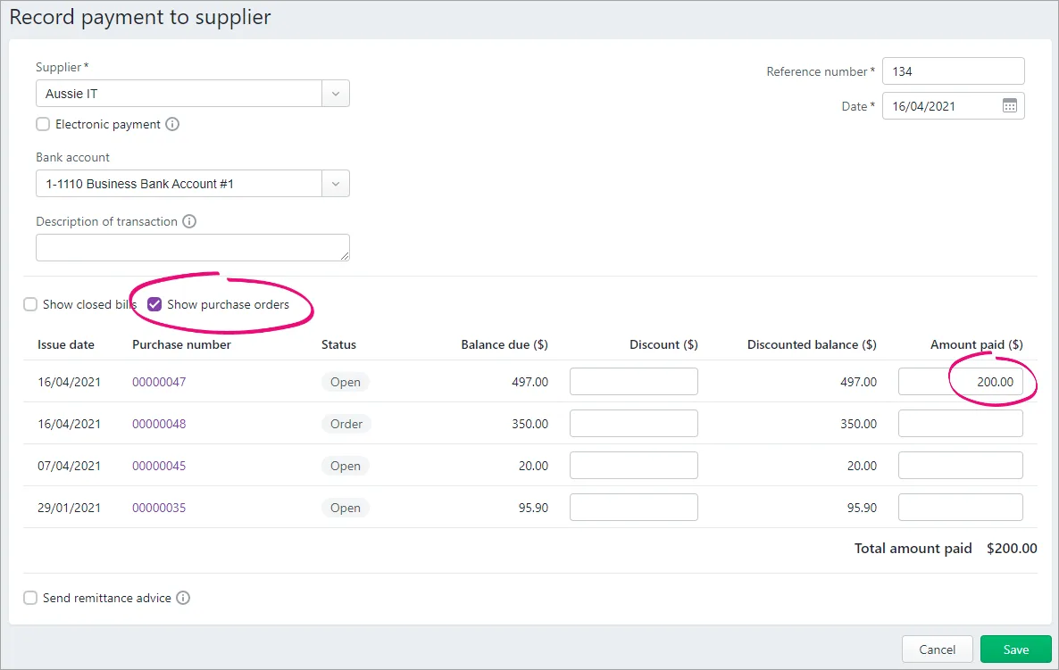 Record payment to supplier screen with show purchase orders option and payment amount highlighted