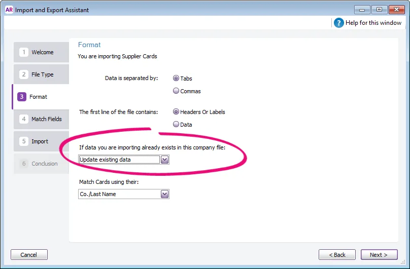 Import and Export Assistant with Update existing data option