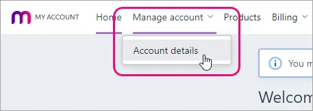 Manage account clicked with account details option shown