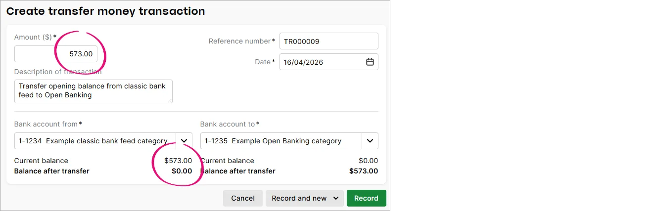 Example transfer money with current balance and amount highlighted