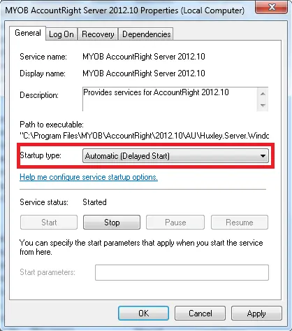 MYOB AccountRight Server 2012.10 Properties (Local Computer)