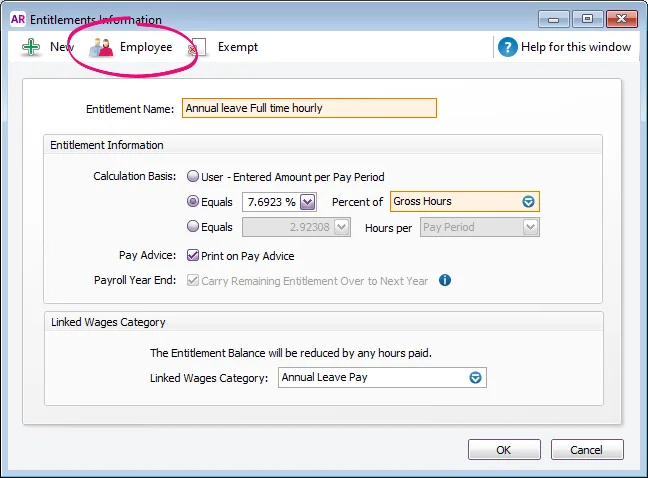 Example entitlement category with employee button highlighted