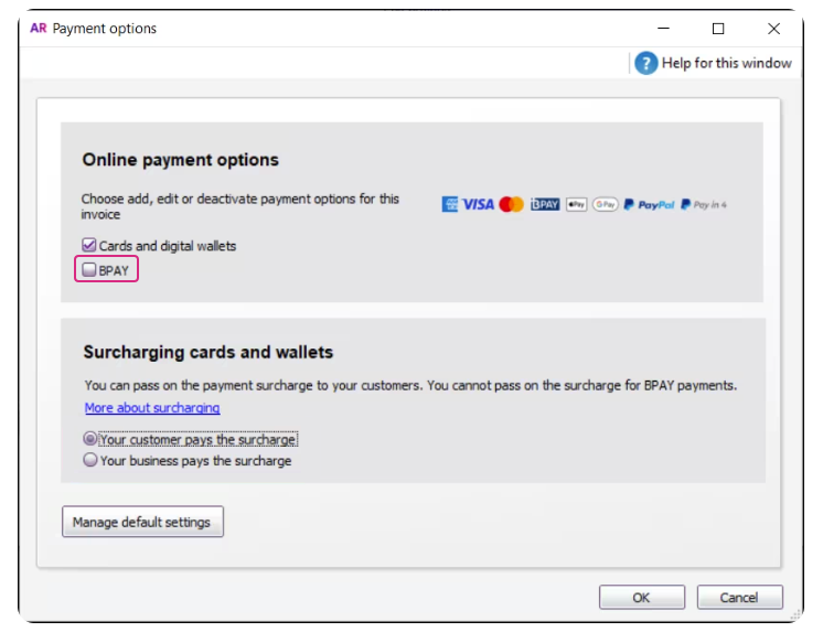 Turning BPAY on or off for online payments