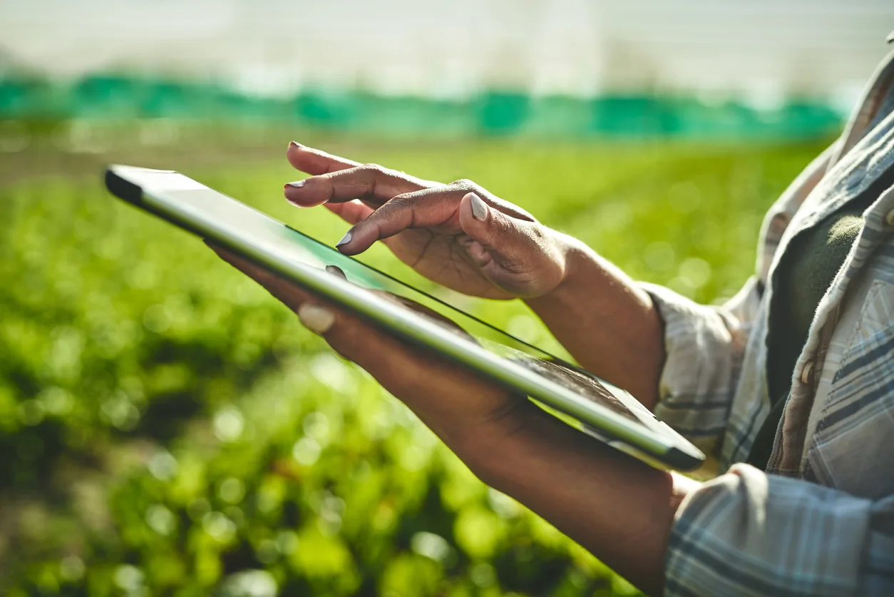 woman-using-tablet-with-produce-growing-behind-her