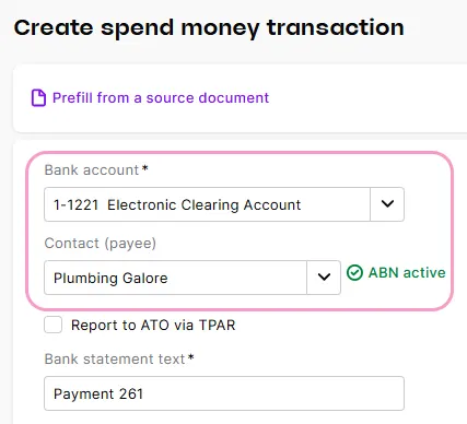 Example spend money transaction with bank account and contact fields highlighted