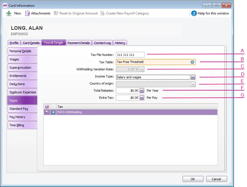 Example employee card with tax tab fields identified with letters