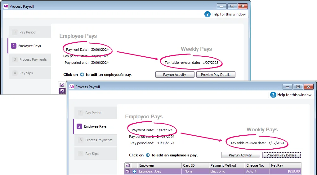 2 example pays showing the Tax table revision date is different based on payment date