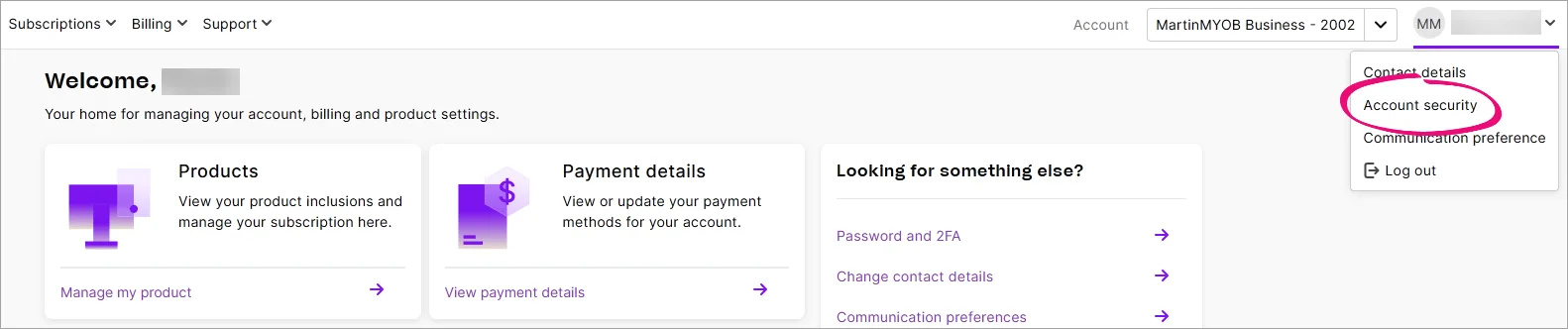 My Account Home page with the Account Security option highlighted in the drop-down on the top-right