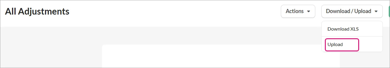 All Adjustments page showing Download Upload options expanded