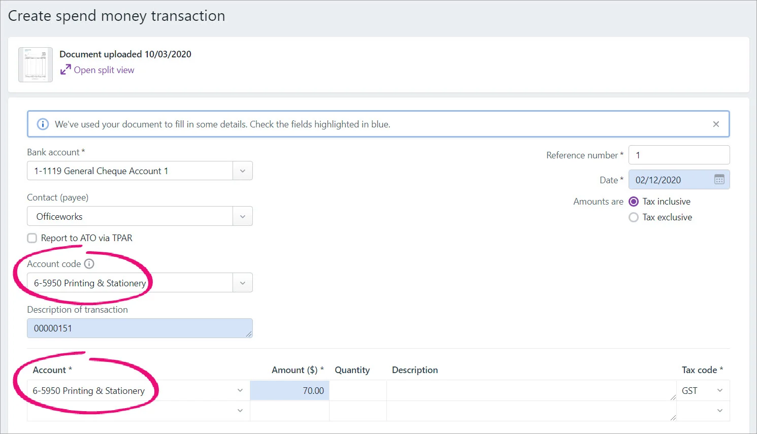 Spend money created from in tray document with account code highlighted