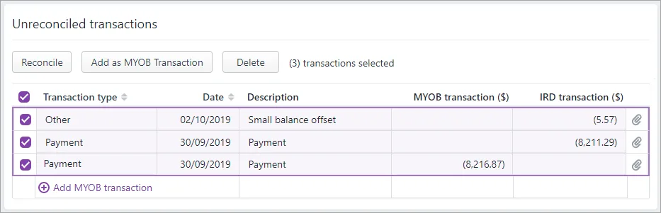 Unreconciled transactions page