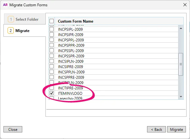Select just the forms you want to migrate