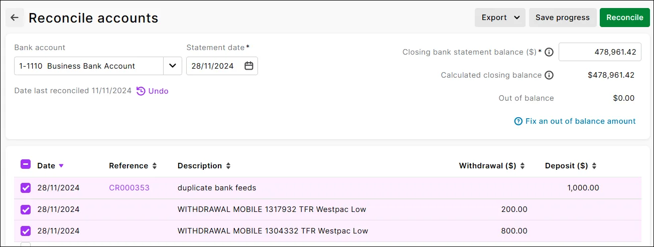 Reconciling duplicated bank feeds