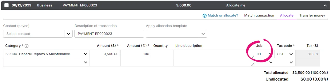 Allocated transaction with job assigned