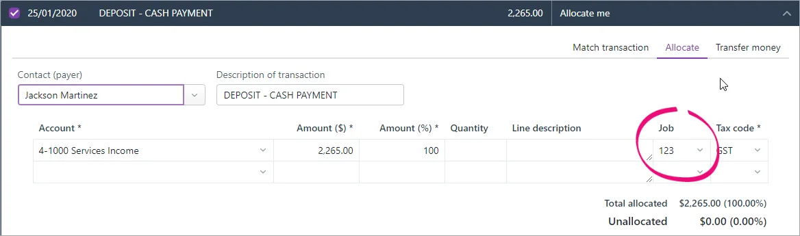 Allocated transaction with job assigned