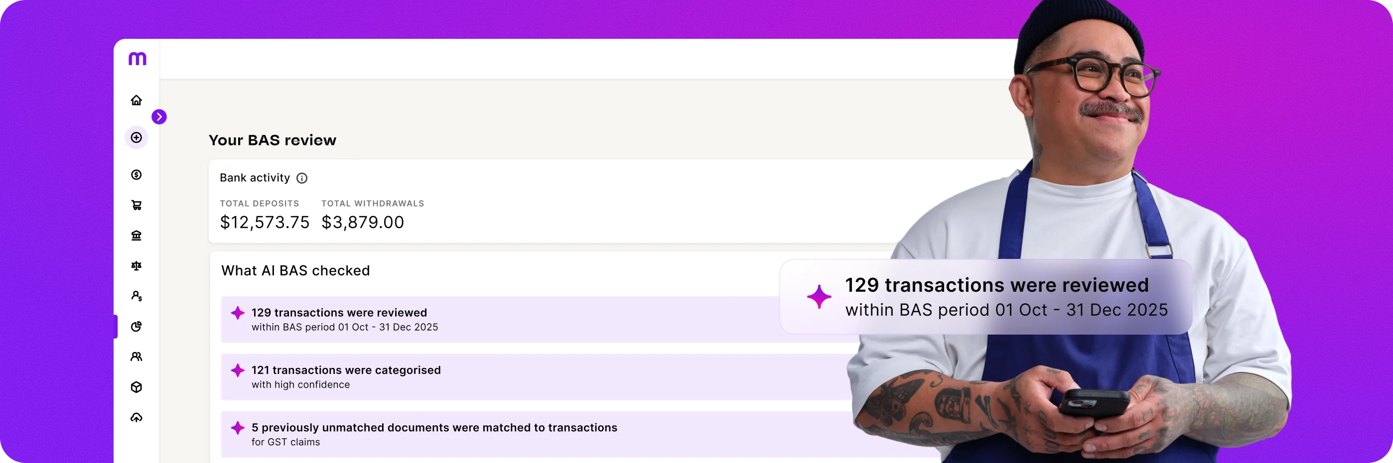 Banking app interface showing BAS review with transaction summary and deposits of $12,573.75 against a purple background.
