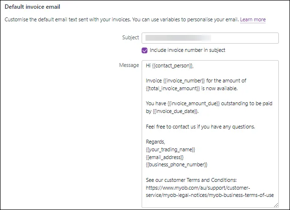 Default invoice email text in new MYOB Essentials with a link to online content