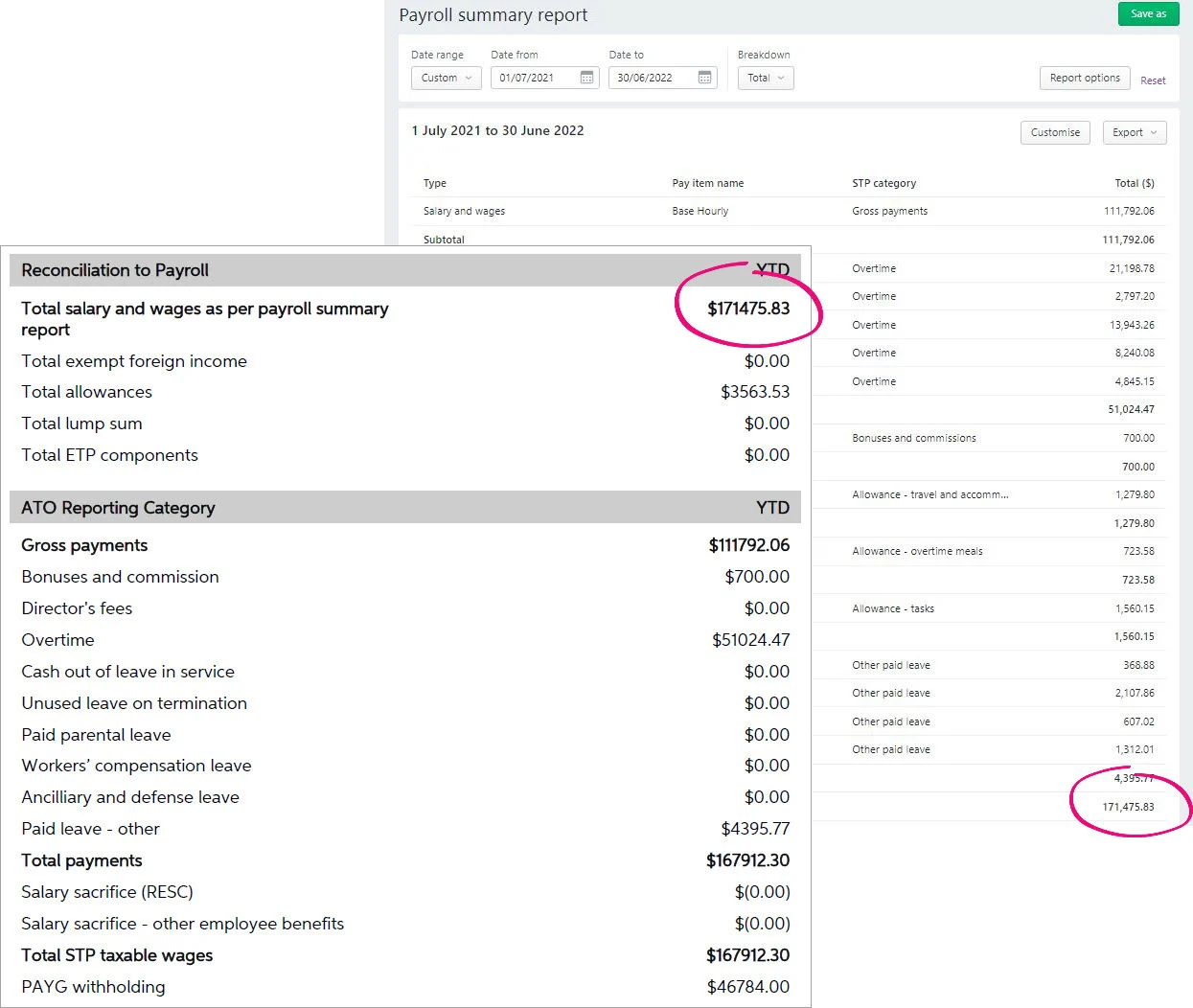 Example reports with matching totals highlighted (1)