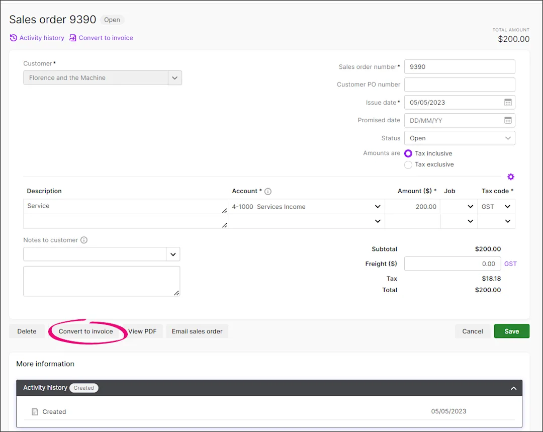 Converting a sales order to an invoice