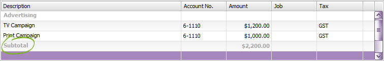 Add headers, subtotals and lines to purchases