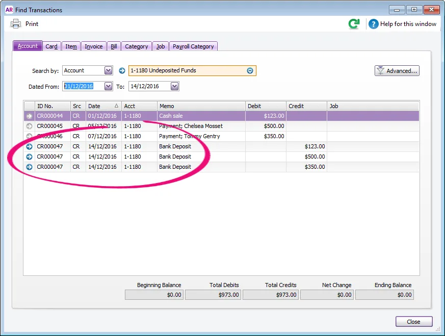 Find Transactions window with 3 transactions in a Bank Deposit highlighted