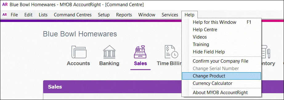 AccountRight Change Product