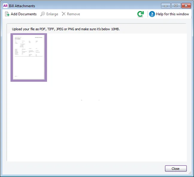 Bill Attachments window with document attached