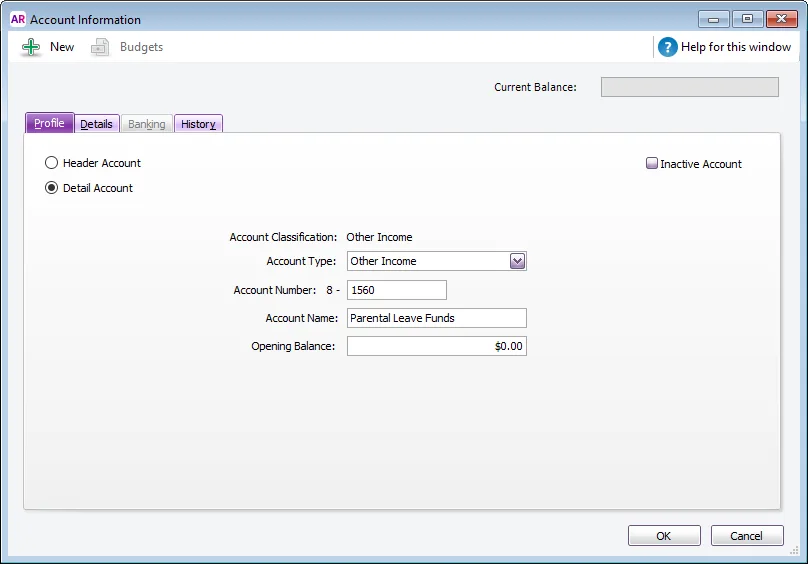 Example parental leave other income account setup