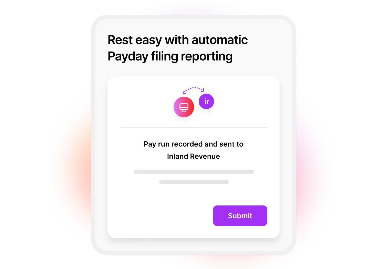 An illustration of the Payday filing reporting screen. The screen confirms your payrun will be reported to Inland Revenue.