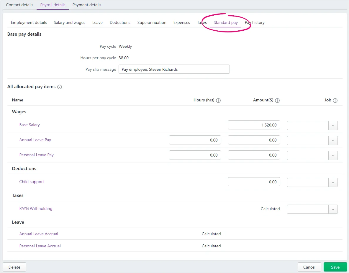 Example standard pay details