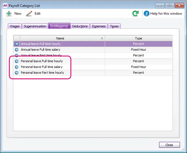 Personal leave entitlement categories highlighted