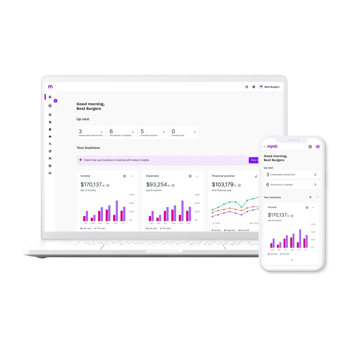 MYOB Business software dashboard showing financial data including income, bank accounts, and charts, displayed on desktop and mobile views. 