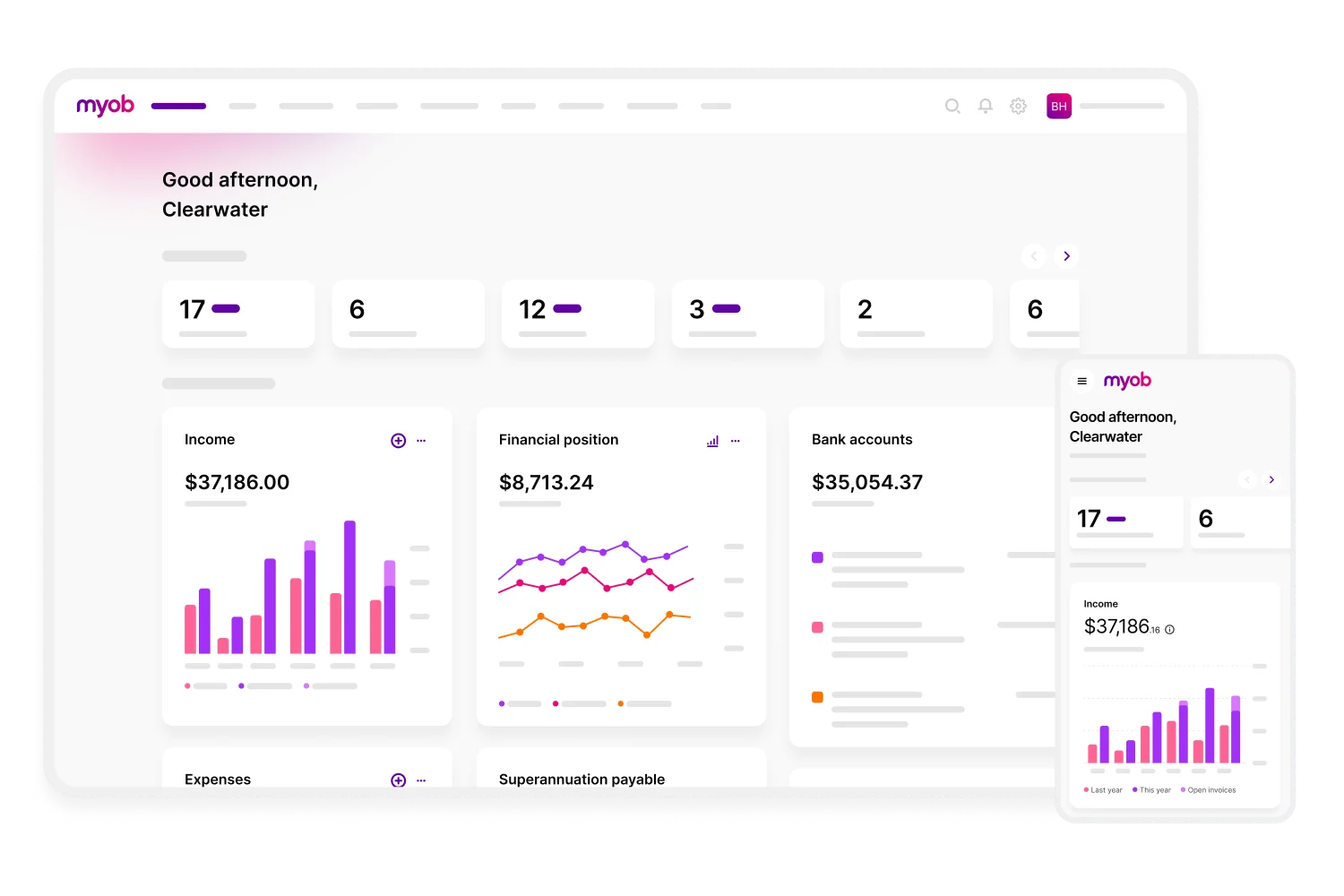 View your MYOB business dashboard from your mobile and your desktop, with a customisable view of income, financial position and bank accounts in one place. 