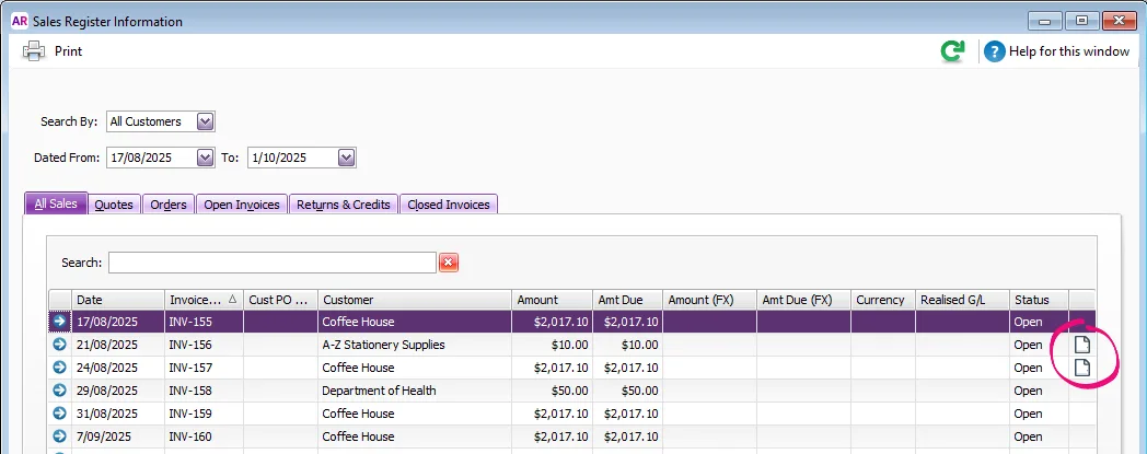 Sales Register indicating which transactions have attachments