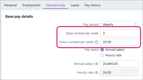 Days and hours worked per week highlighted in an employee standard pay