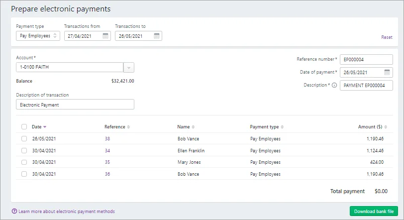 Prepare electronic payments page