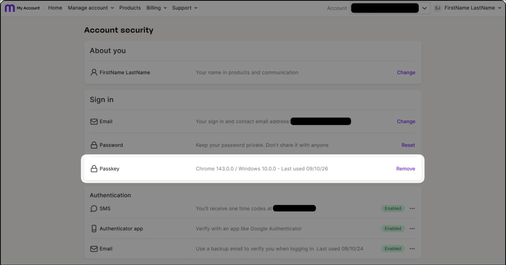 Activated passkey listed in My Account