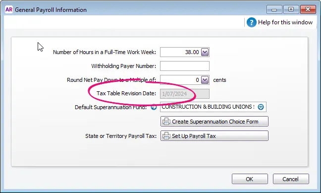 General payroll information window with 1 july 2023 date shown